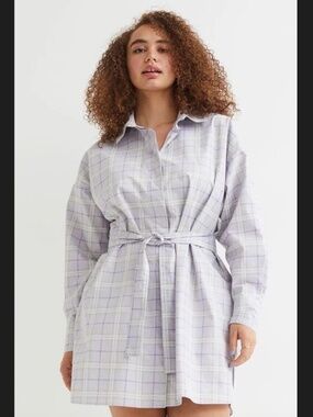 H&M/Divided Lavender Checked Cotton Tie-Belt Shirt Dress Sz M